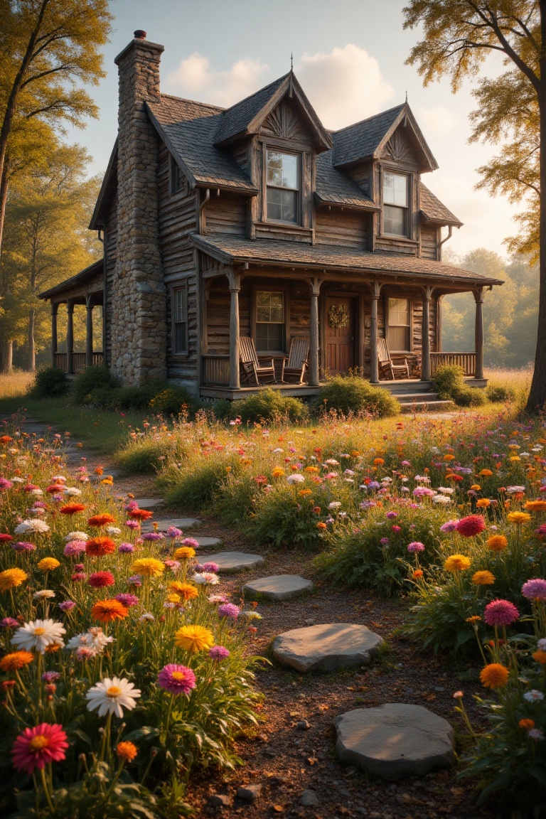 A rustic country house with a weathered wooden exterior,  surrounded by vibrant wildflowers in full bloom. The house has a...