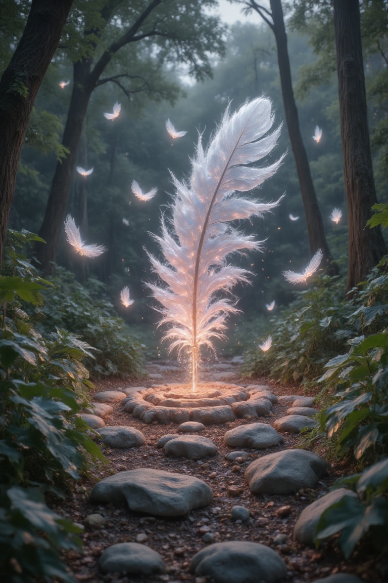 depicts a pure white feather falling between neatly arranged oblong leaves. There is no one around,  and there is a pure w...