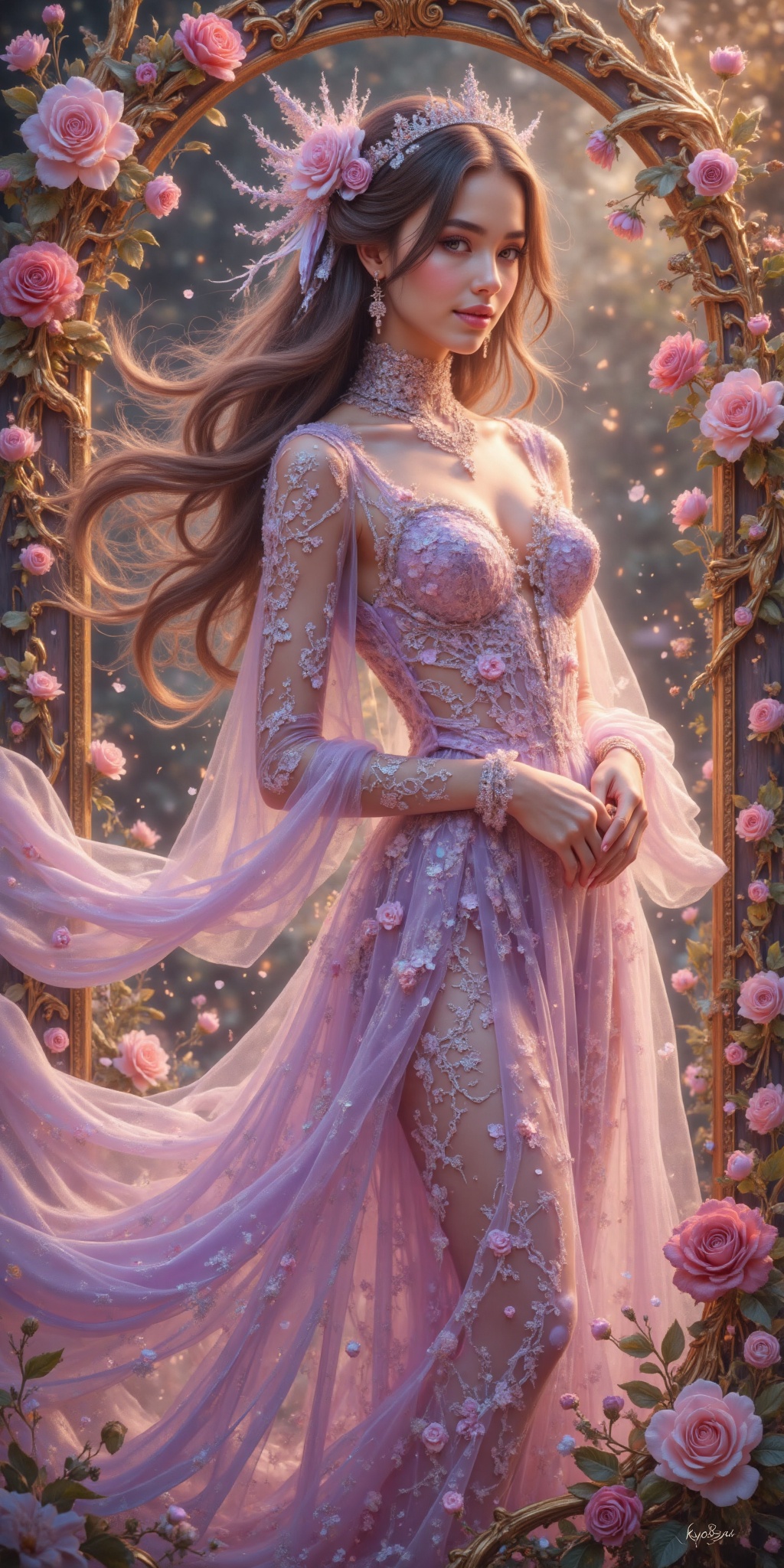 A captivating Rococo-inspired vision of beauty,  featuring a young woman in an ethereal,  modern Rococo dress with intrica...