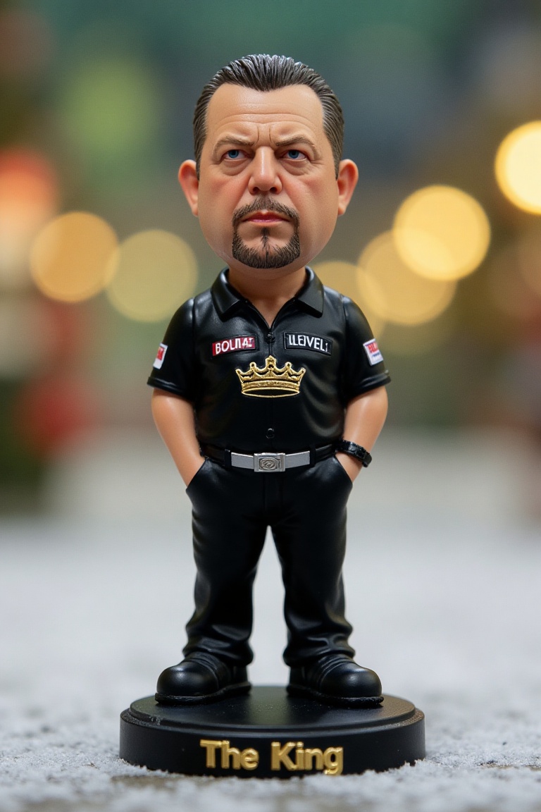 This is a high-resolution photograph of a detailed,  miniature bobblehead action figure of Mervyn King,  standing on a rou...