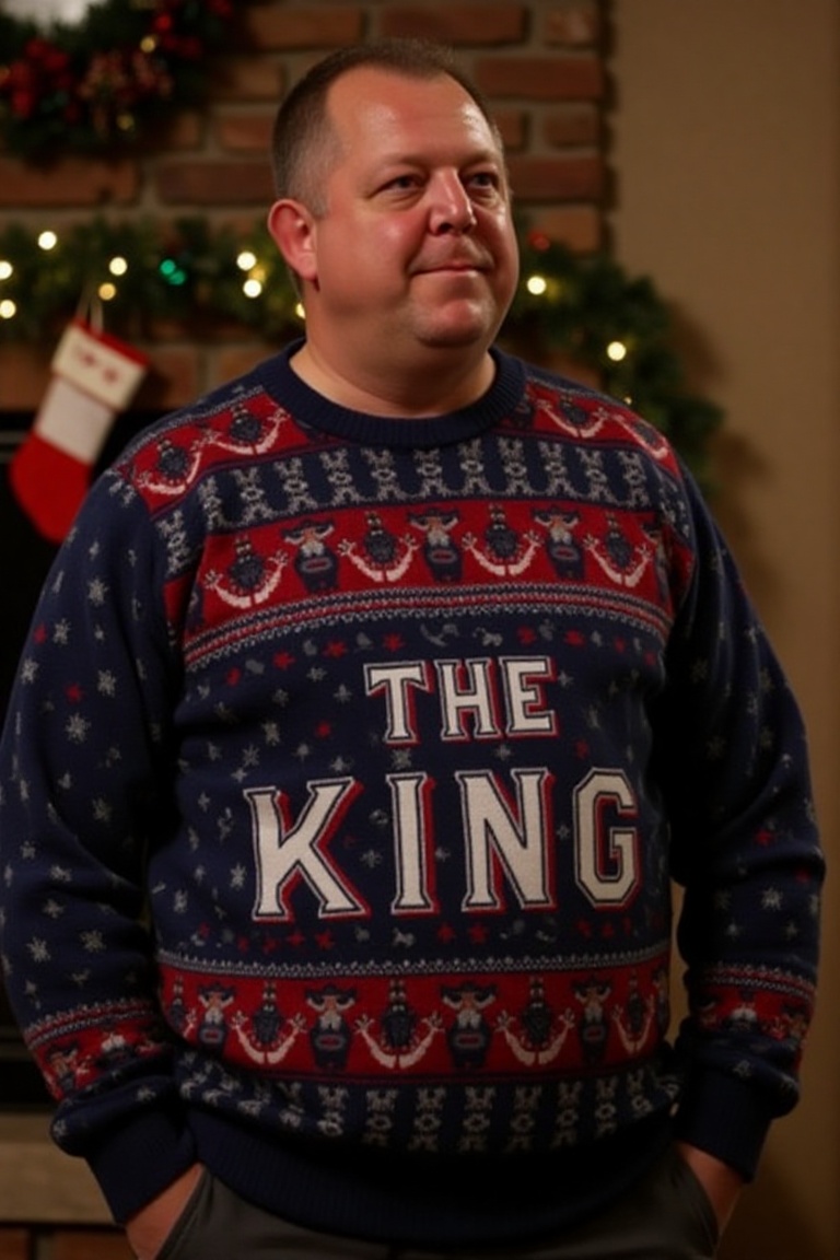 The image is a high-resolution photograph of Mervyn King,  wearing a Christmas themed sweater with the words "THE KING" kn...