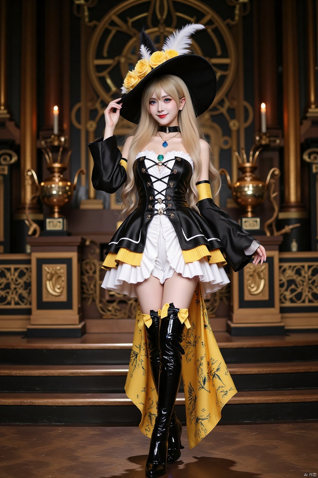This picture shows a blonde female wearing a gorgeous outfit. Her hair is long and wavy, and she wears a black hat decorated with flowers and feathers. Her eyes are blue and she has a smile on her face. Wearing custom-made clothing, the overall outfit is black with golden yellow. Wearing a black Women's wide brimmed hat adorned with yellow roses and white feathers, with a blue diamond gemstone pendant under the hat and a black bow tied at the back of the head. Wearing a sapphire necklace under a black Gothic stand collar and a strapless white jumpsuit skirt, the skirt is covered with multiple layers of black close fitting hard clothing, with a rudder shaped decoration at the waist and a yellow printed crow tail skirt at the back. The sleeves are tied with yellow bows, the legs are adorned with metal leg rings, and black high-heeled knee high boots are worn with black bow decorations on the heels. The background is a magnificent cosplay stage, with only her on stage.
