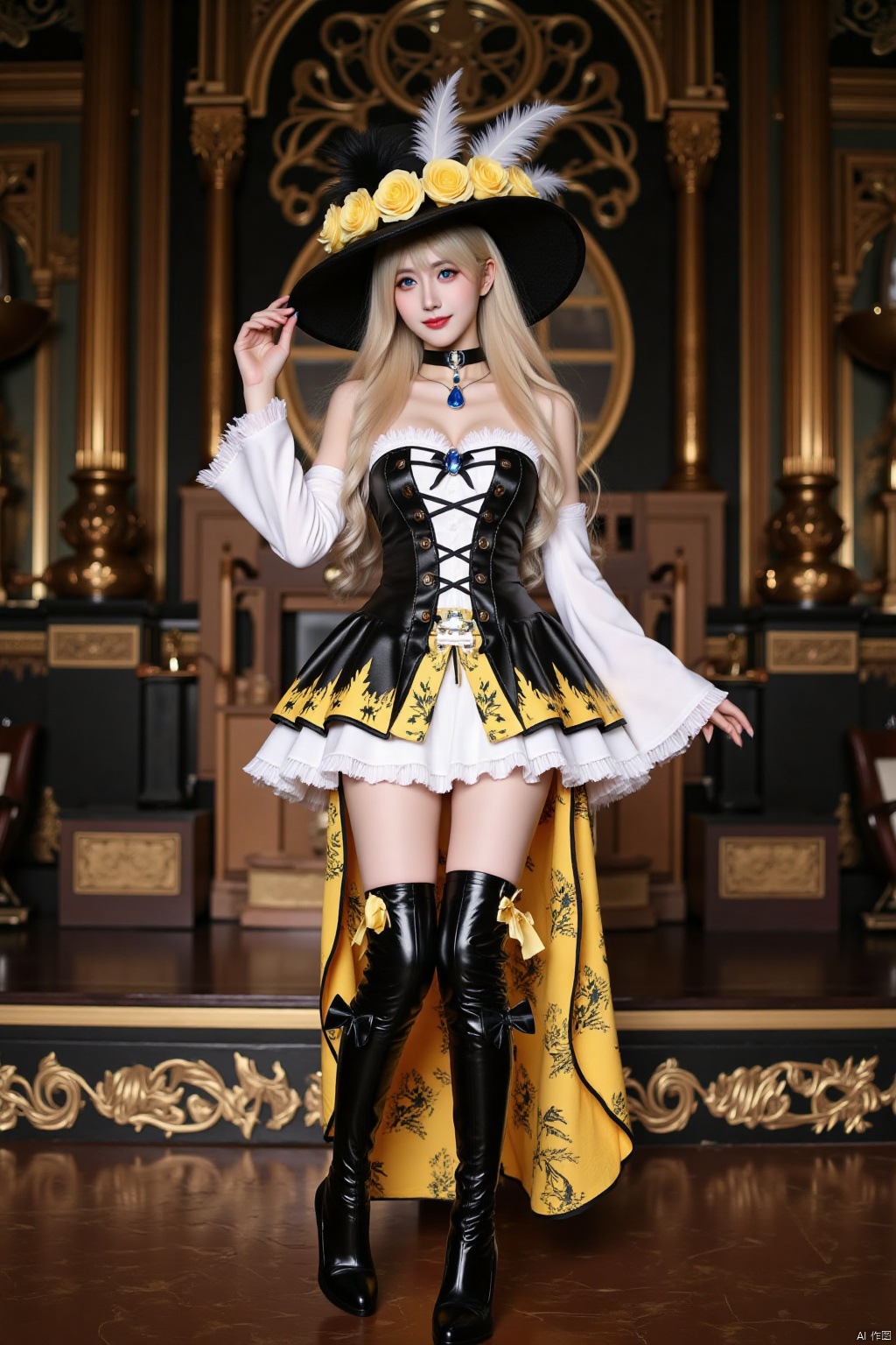 This picture shows a blonde female wearing a gorgeous outfit. Her hair is long and wavy, and she wears a black hat decorated with flowers and feathers. Her eyes are blue and she has a smile on her face. Wearing custom-made clothing, the overall outfit is black with golden yellow. Wearing a black Women's wide brimmed hat adorned with yellow roses and white feathers, with a blue diamond gemstone pendant under the hat and a black bow tied at the back of the head. Wearing a sapphire necklace under a black Gothic stand collar and a strapless white jumpsuit skirt, the skirt is covered with multiple layers of black close fitting hard clothing, with a rudder shaped decoration at the waist and a yellow printed crow tail skirt at the back. The sleeves are tied with yellow bows, the legs are adorned with metal leg rings, and black high-heeled knee high boots are worn with black bow decorations on the heels. The background is a magnificent cosplay stage, with only her on stage.