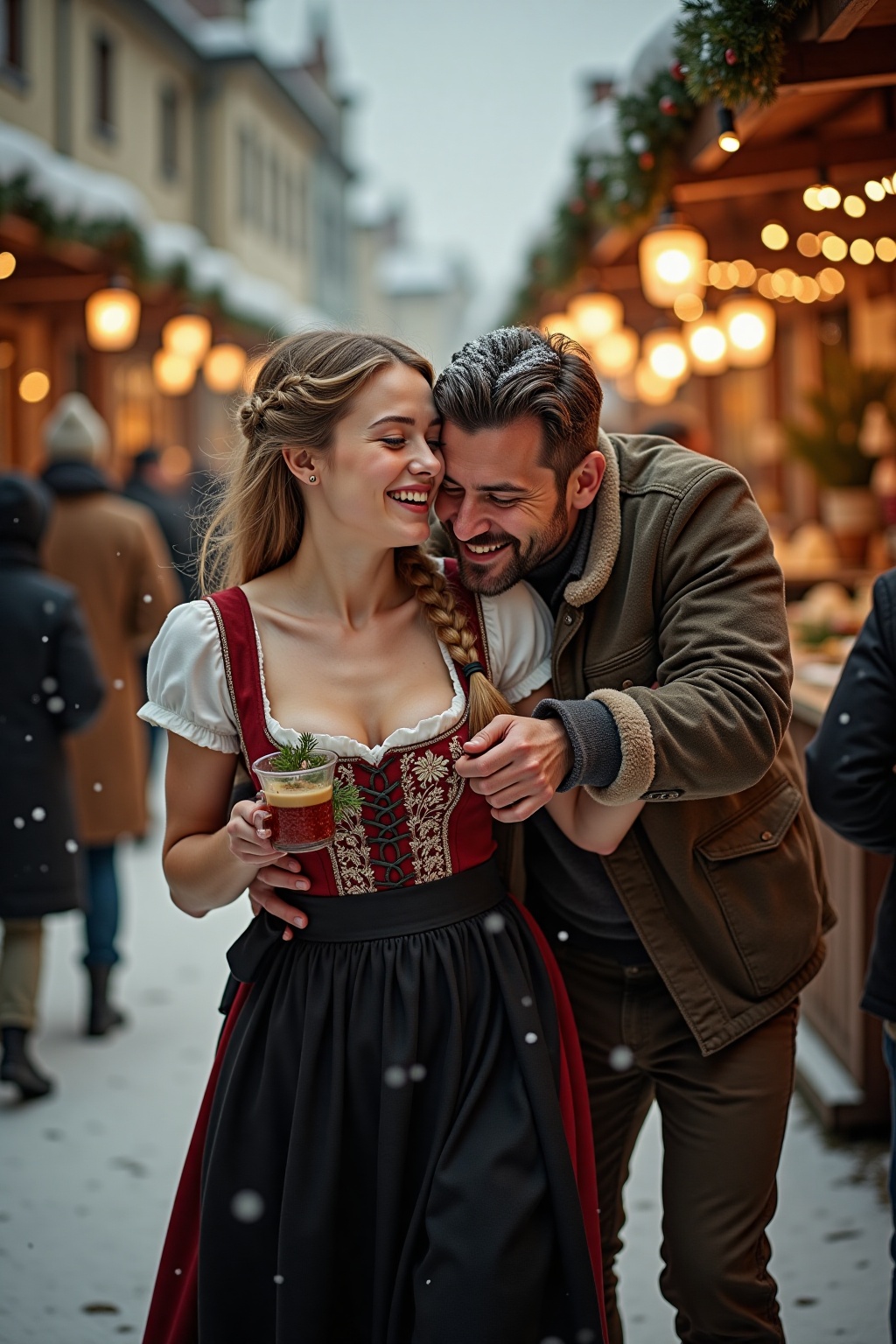 In the midst of a snow-dusted German Christmas market,  reminiscent of a Wes Anderson film,  warm golden light spills from...