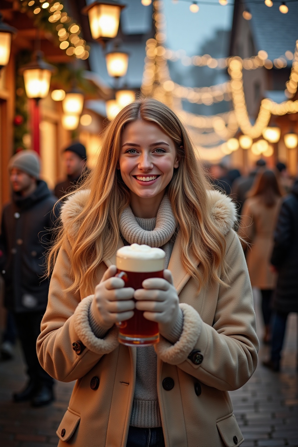 A young German woman with long,  curly blonde hair and rosy cheeks,  her bright blue eyes sparkling with merriment on Tens...