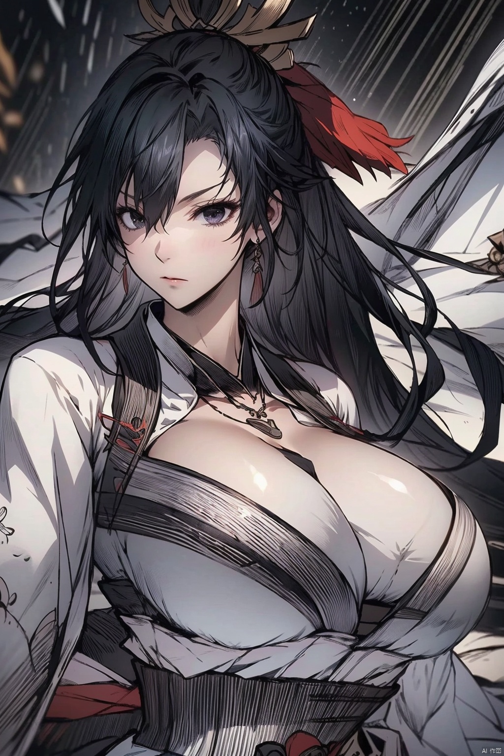 1girl
solo
long hair
breasts
black hair
cleavage
jewelry
japanese clothes
kimono
necklace
huge breasts
black eyes
sash
motion blur

