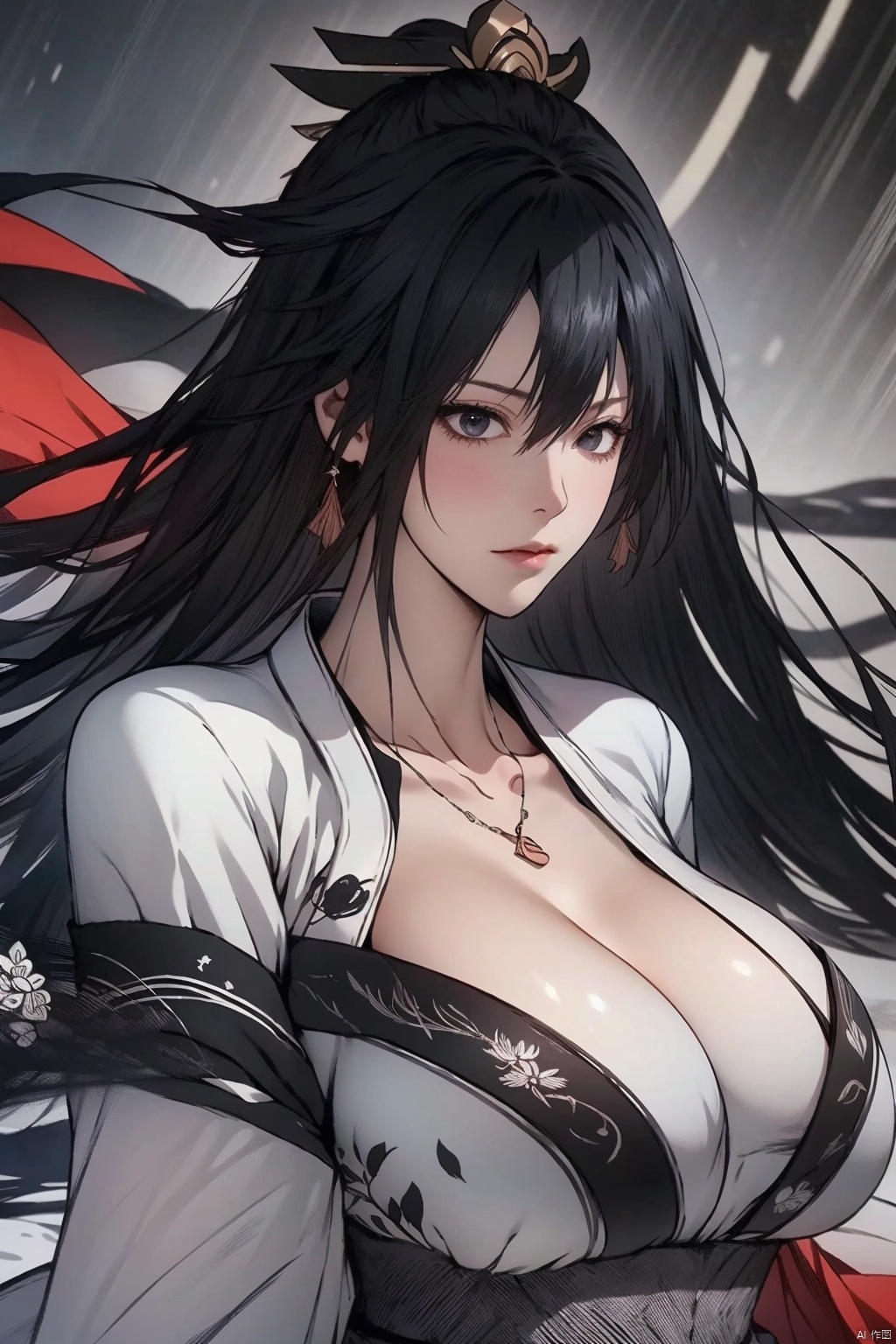 1girl
solo
long hair
breasts
black hair
cleavage
jewelry
japanese clothes
kimono
necklace
huge breasts
black eyes
sash
motion blur

