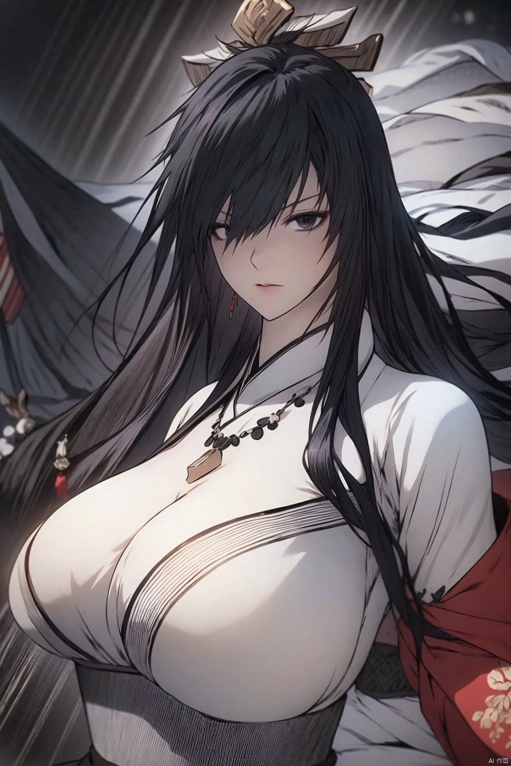 1girl
solo
long hair
breasts
black hair
cleavage
jewelry
japanese clothes
kimono
necklace
huge breasts
black eyes
sash
motion blur

