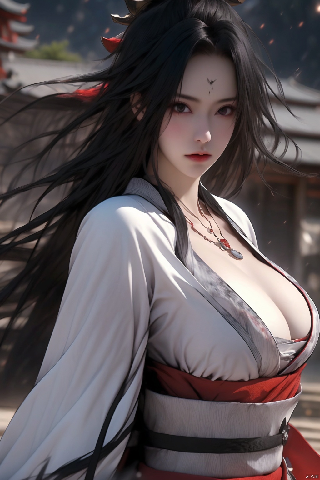 1girl
solo
long hair
breasts
black hair
cleavage
jewelry
japanese clothes
kimono
necklace
huge breasts
black eyes
sash
motion blur

