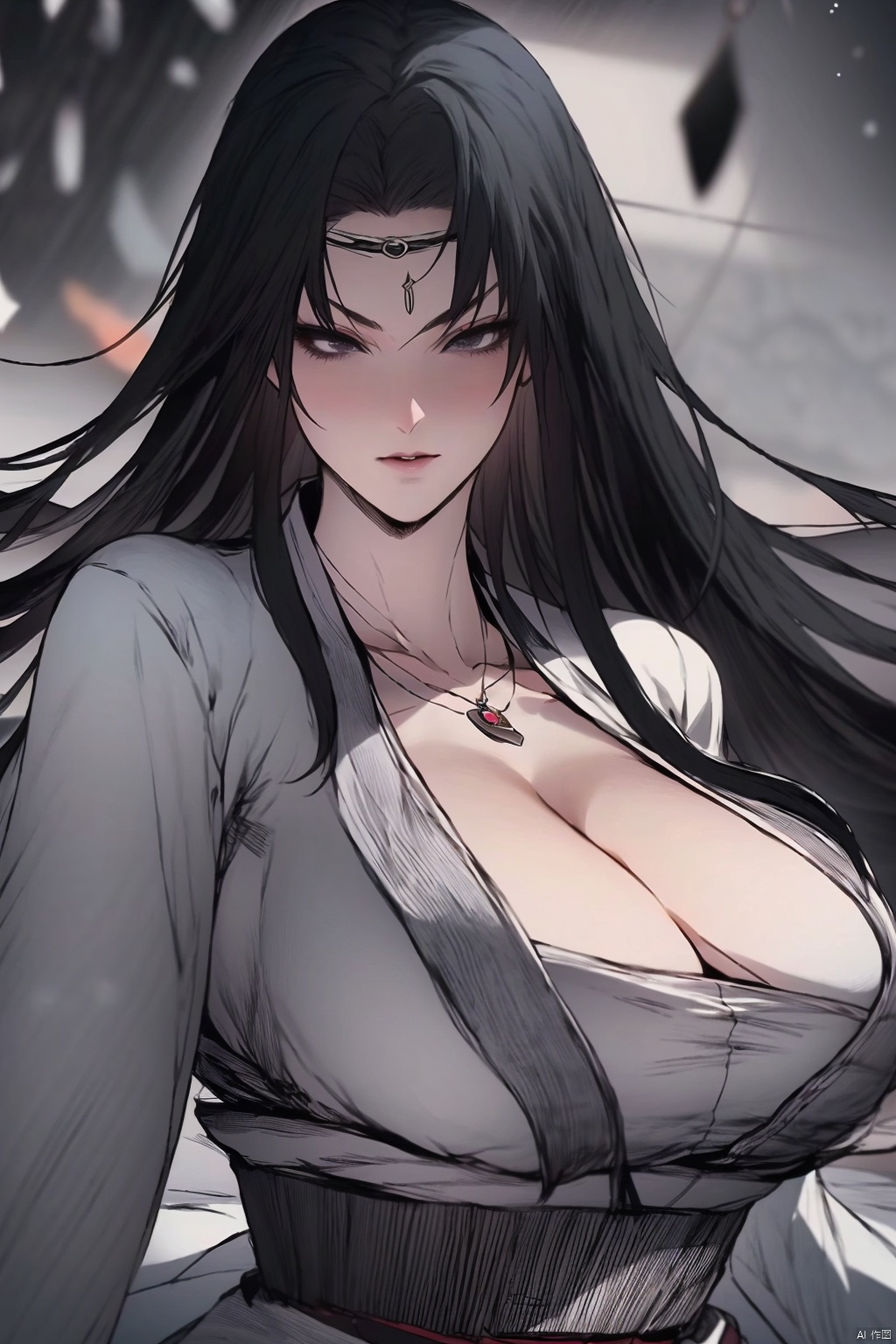 1girl
solo
long hair
breasts
black hair
cleavage
jewelry
japanese clothes
kimono
necklace
huge breasts
black eyes
sash
motion blur

