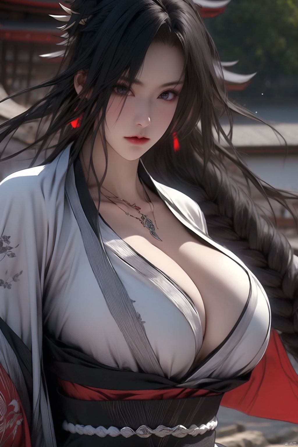 1girl
solo
long hair
breasts
black hair
cleavage
jewelry
japanese clothes
kimono
necklace
huge breasts
black eyes
sash
motion blur

