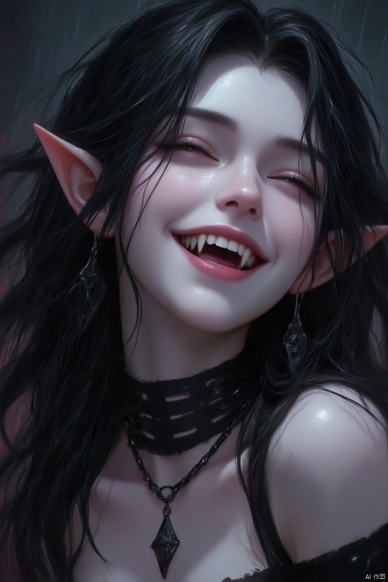 1girl, solo, long hair, smile, open mouth, black hair, jewelry, closed eyes, upper body, one eye closed, teeth, pointy ears, necklace, head tilt, fangs, pale skin, rain, vampire