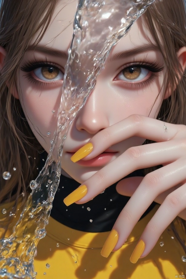 1girl, solo, looking at viewer, bangs, brown hair, shirt, black hair, closed mouth, water, nail polish, lips, fingernails, eyelashes, portrait, close-up, water drop, yellow nails