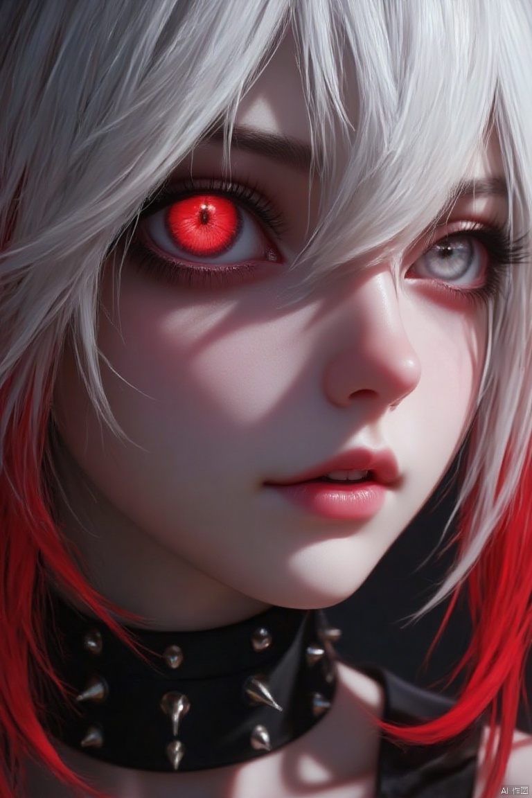 Masterpiece, best quality, amazing quality, very aesthetic, latest, high resolution, 8k, ((perfect_eye)), 1 girl, solo, ((white hair)), (strong red eye), close face, (fangs), (20 years old), (a girl), looking at the audience, enlarged eyes, two-tone red dyed hair, Large spiky collar, realistic, figure representation, (face only), (upper body), detailed eyes
