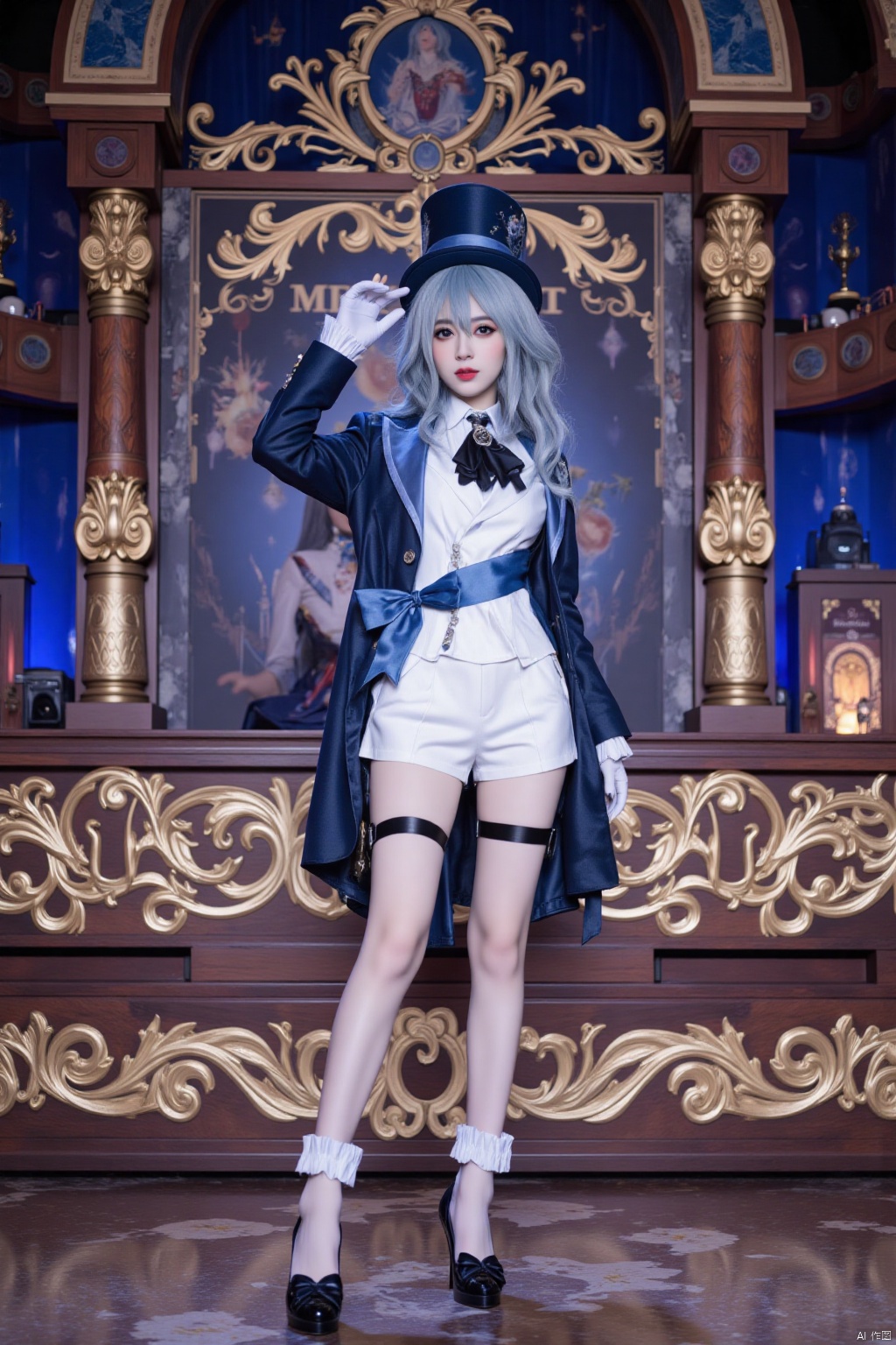 a woman in furina cosplay costume, she is wearing white shirt with black ascot and blue bow sash and long sleeves dark blue jacket and white shorts and asymmetrical gloves, and black high heels with bow and thigh strap and white frilled socks, she has blue and white hair with ahoge and blue top hat. The background is a magnificent cosplay stage, with only her on stage, detail background, full length shot,