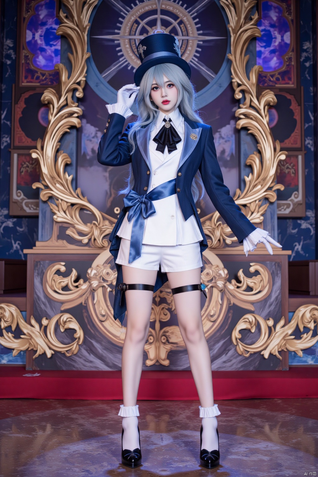 a woman in furina cosplay costume, she is wearing white shirt with black ascot and blue bow sash and long sleeves dark blue jacket and white shorts and asymmetrical gloves, and black high heels with bow and thigh strap and white frilled socks, she has blue and white hair with ahoge and blue top hat. The background is a magnificent cosplay stage, with only her on stage, detail background, full length shot,