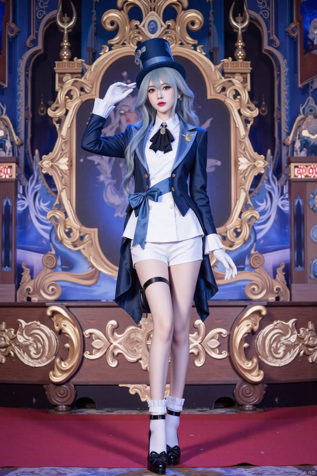 a woman in furina cosplay costume, she is wearing white shirt with black ascot and blue bow sash and long sleeves dark blue jacket and white shorts and asymmetrical gloves, and black high heels with bow and thigh strap and white frilled socks, she has blue and white hair with ahoge and blue top hat. The background is a magnificent cosplay stage, with only her on stage, detail background, full length shot,