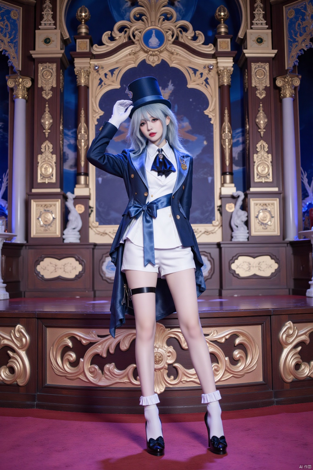 a woman in furina cosplay costume, she is wearing white shirt with black ascot and blue bow sash and long sleeves dark blue jacket and white shorts and asymmetrical gloves, and black high heels with bow and thigh strap and white frilled socks, she has blue and white hair with ahoge and blue top hat. The background is a magnificent cosplay stage, with only her on stage, detail background, full length shot,