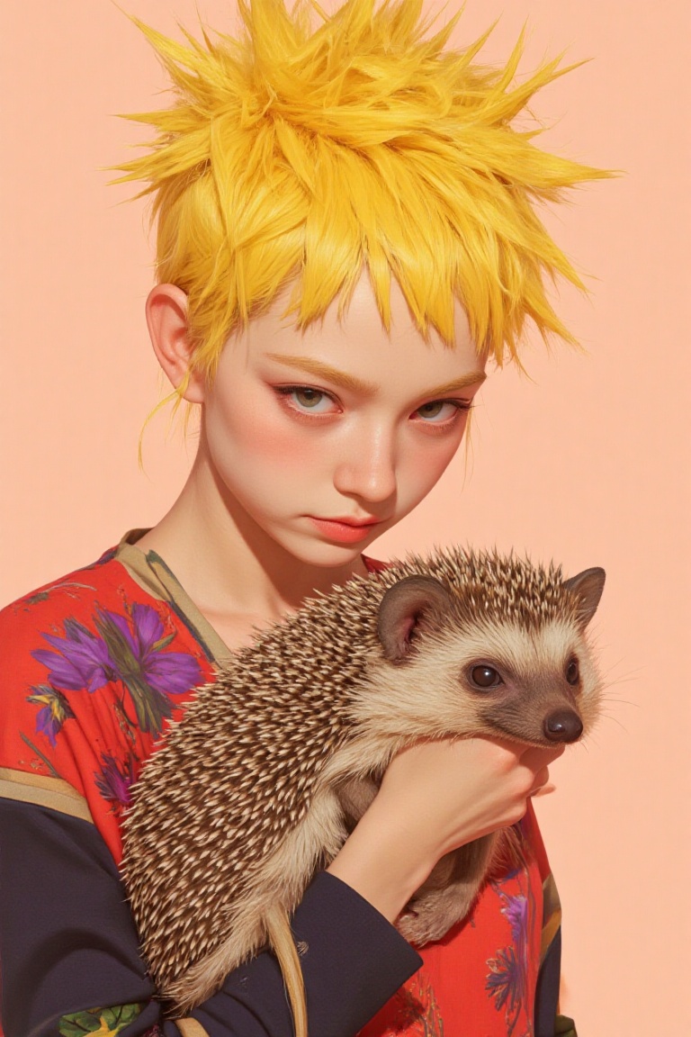 animaportrait of a woman with spiky yellow hair and a small hedgehog,  against a light peach background,  vibrant and brig...