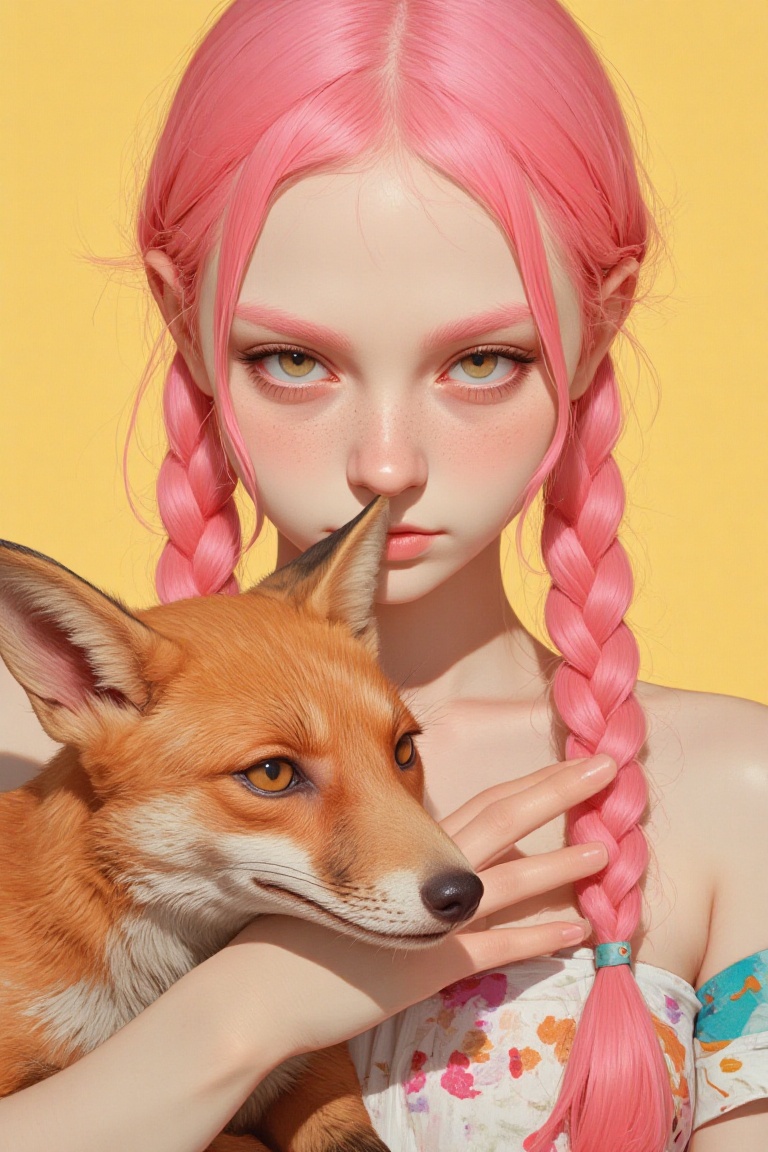 animaportrait of a woman with braided pink hair and a small fox,  against a light yellow background,  vibrant and bright o...