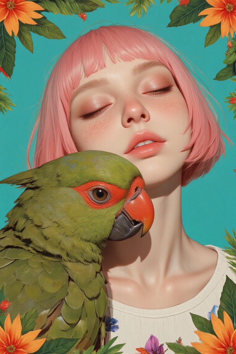 animaportrait of a woman with short pink hair and a parrot on her shoulder,  framed by a teal background,  tropical and vi...