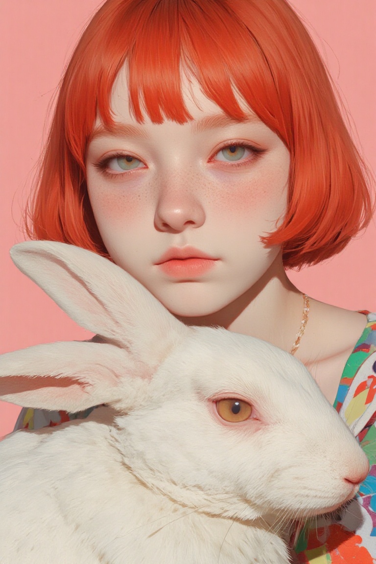 animaportrait of a woman with short red hair and a white rabbit,  against a soft pink background,  vibrant and bright on T...