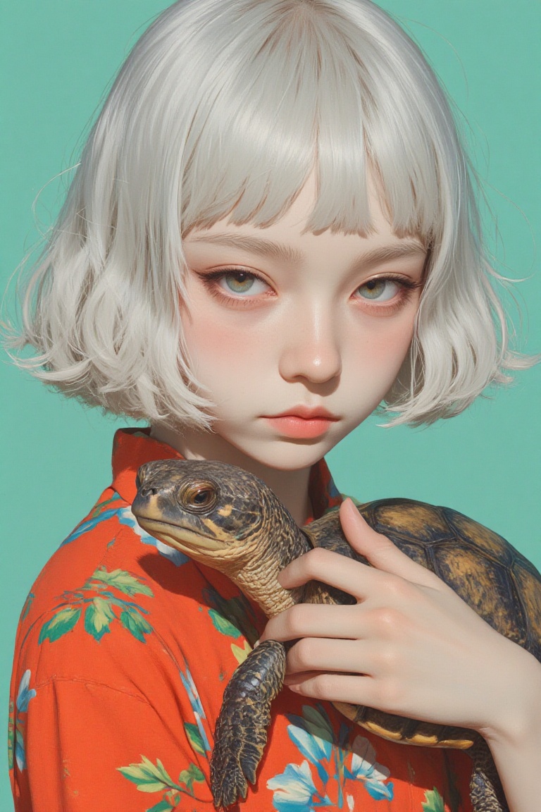 animaportrait of a woman with short silver hair and a small turtle,  against a mint green background,  vibrant and bright...