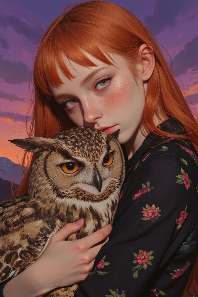 animaportrait of a woman with long auburn hair and a baby owl,  against a dusk-inspired violet background,  vibrant and br...