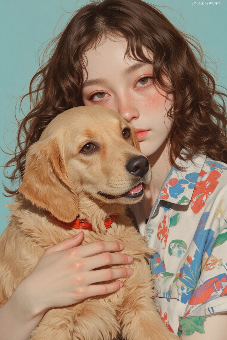 animaportrait of a woman with curly brown hair and a golden retriever puppy,  against a pale blue background,  vibrant and...