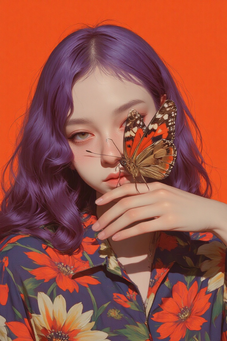 animaportrait of a woman with wavy purple hair and a butterfly resting on her hand,  against a warm orange background,  vi...