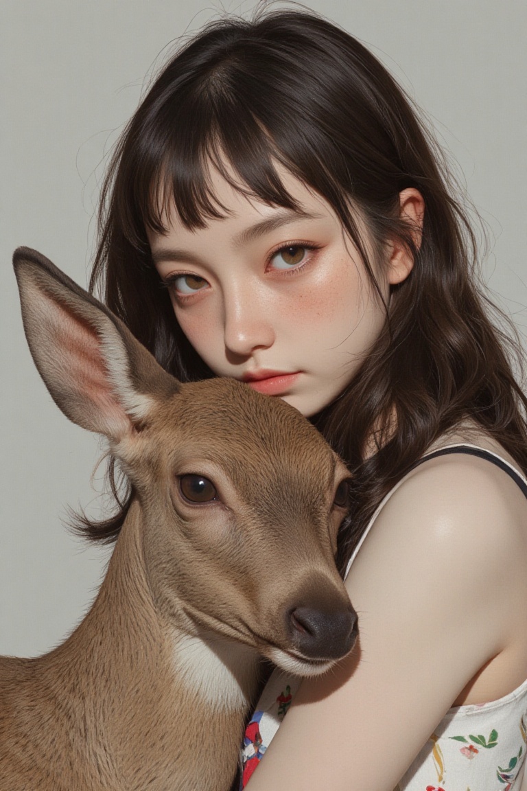 animaportrait of a woman with wavy dark hair and a gentle deer,  set against a light gray background,  peaceful and natura...