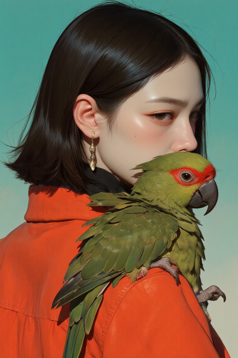 animaportrait of a woman with sleek black hair and a parrot perched on her shoulder,  against a gradient teal background,...