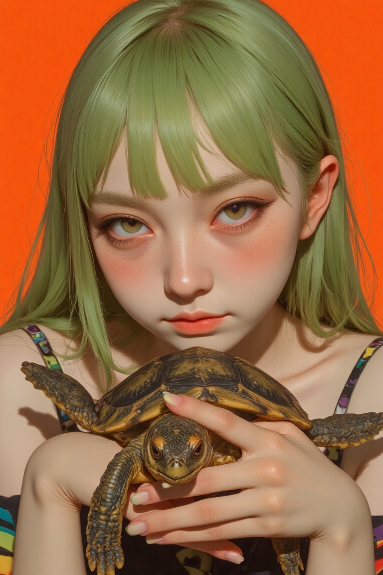 animaportrait of a woman with straight green hair holding a tiny turtle,  in front of a vibrant orange background,  playfu...