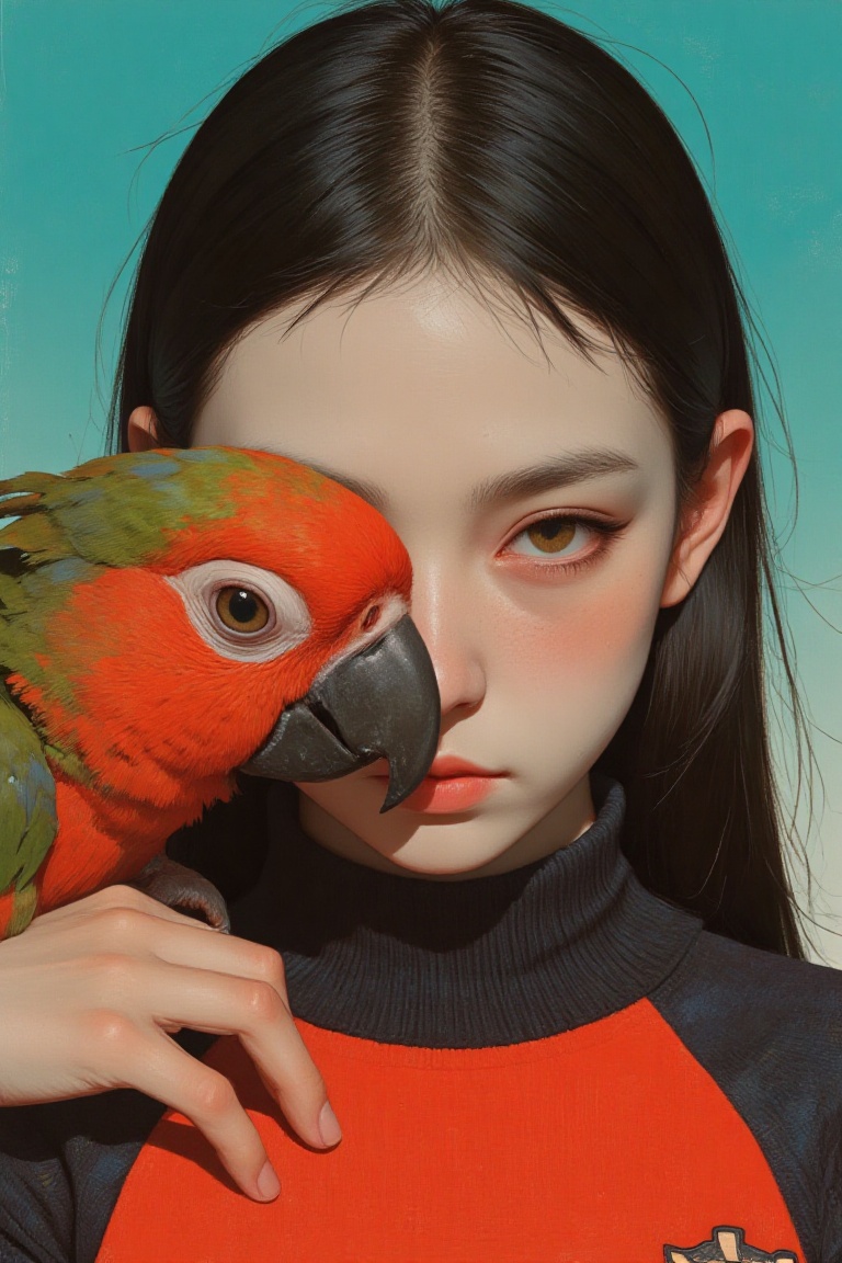 animaportrait of a woman with sleek black hair and a parrot perched on her shoulder,  against a gradient teal background,...