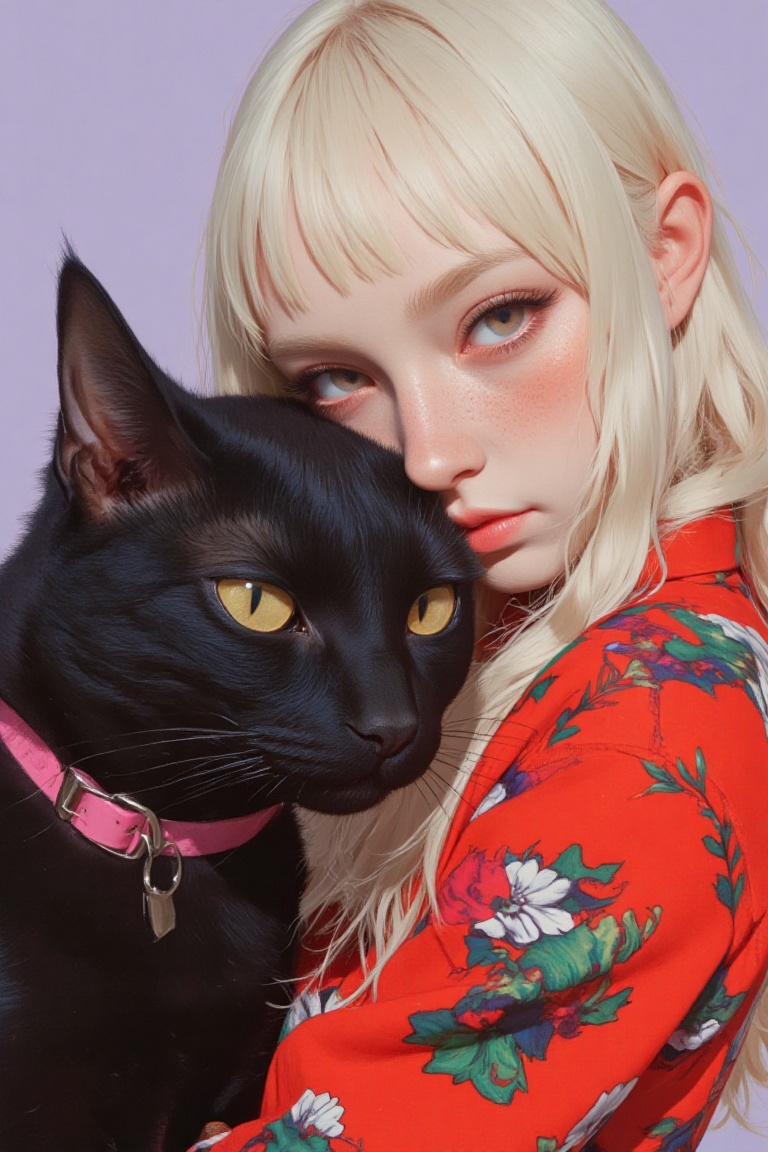 animaportrait of a woman with long blonde hair and a black cat,  against a soft lavender background,  vibrant and bright o...