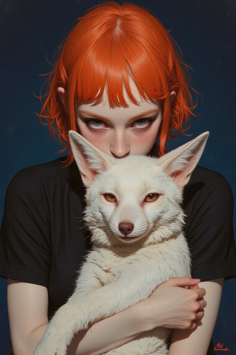 animaportrait of a woman with fiery orange hair and a sleek white fox,  set against a deep navy blue background,  mysterio...