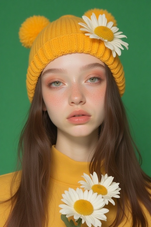 a medium-angle shot of a young woman with long dark brown hair,  wearing a yellow knit hat adorned with white flowers. She...