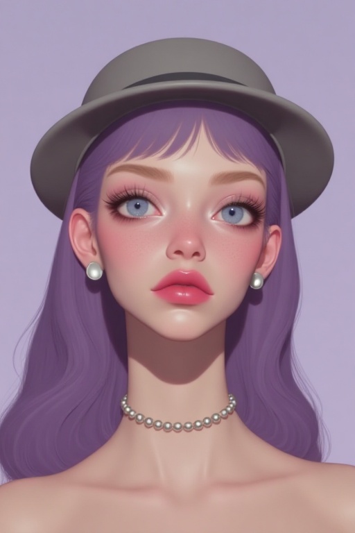 An animated image of a woman with a purple wig and a gray hat on her head. Her eyes are blue and her lips are red. She is...