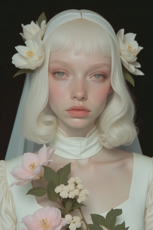 a close-up shot captures a woman's face adorned with a white wig,  adorned with white flowers and a white ribbon. Her hair...