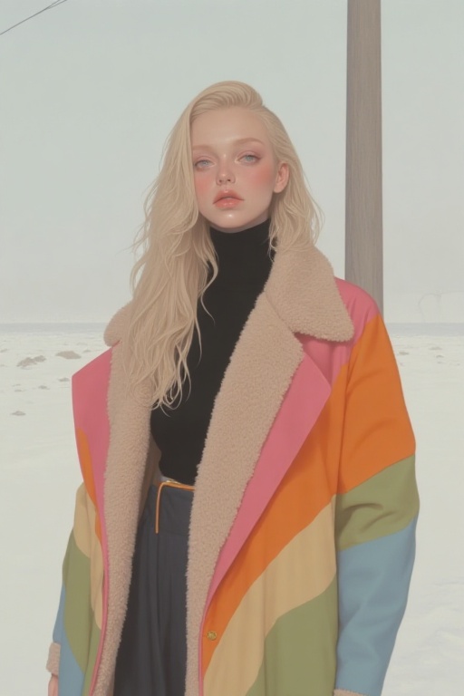 Captured at eye-level,  a medium-sized painting of a blonde woman with long,  wavy blonde hair on Tensor.Art