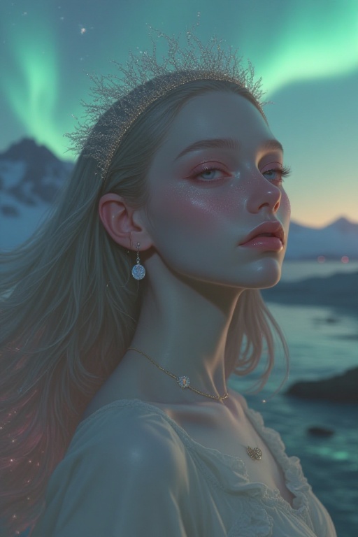 "A stunning portrait of a woman with her hair blending into the swirling aurora borealis,  flowing in waves of green,  blu...