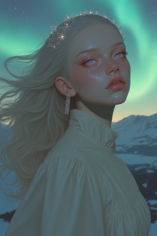 "A stunning portrait of a woman with her hair blending into the swirling aurora borealis,  flowing in waves of green,  blu...