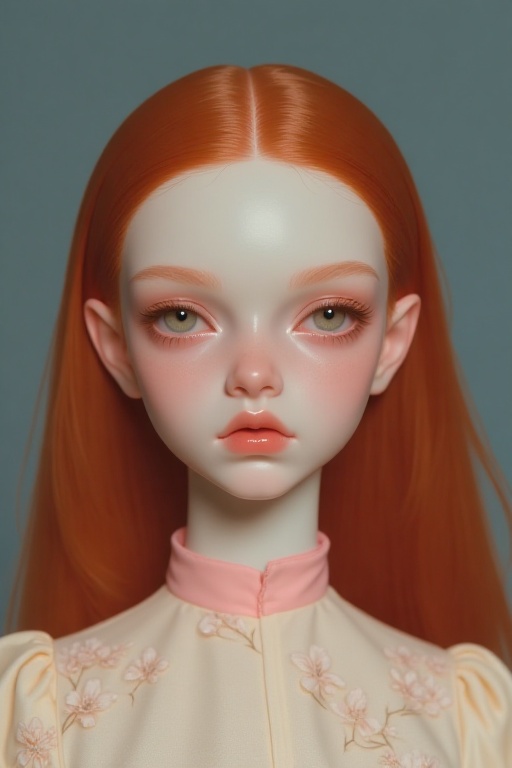 a close-up shot of a doll's face features a fair-skinned girl with long,  vibrant red hair. Her eyes are a piercing green,...