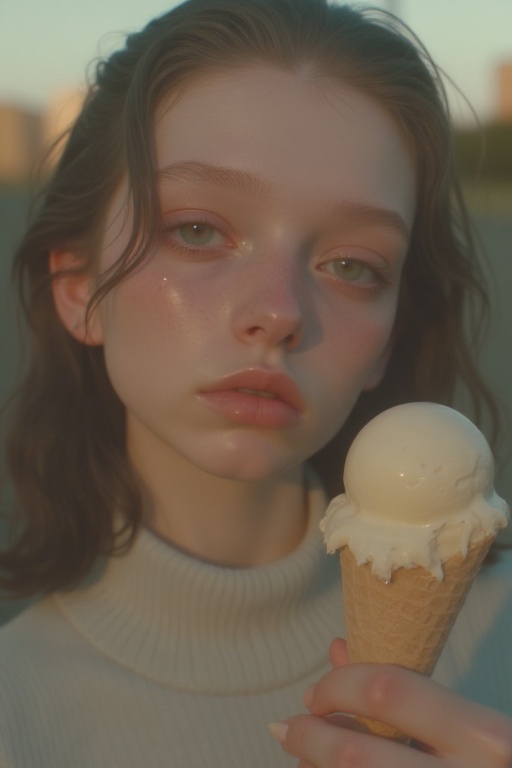 A close-up portrait of a young woman with a melancholic expression,  sitting alone while holding a melting ice cream cone...