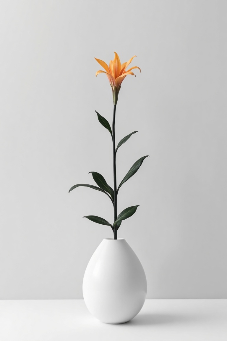 Minimalist art style,  a sleek,  modern flower pot with clean lines and a monochromatic color scheme. The pot holds a sing...