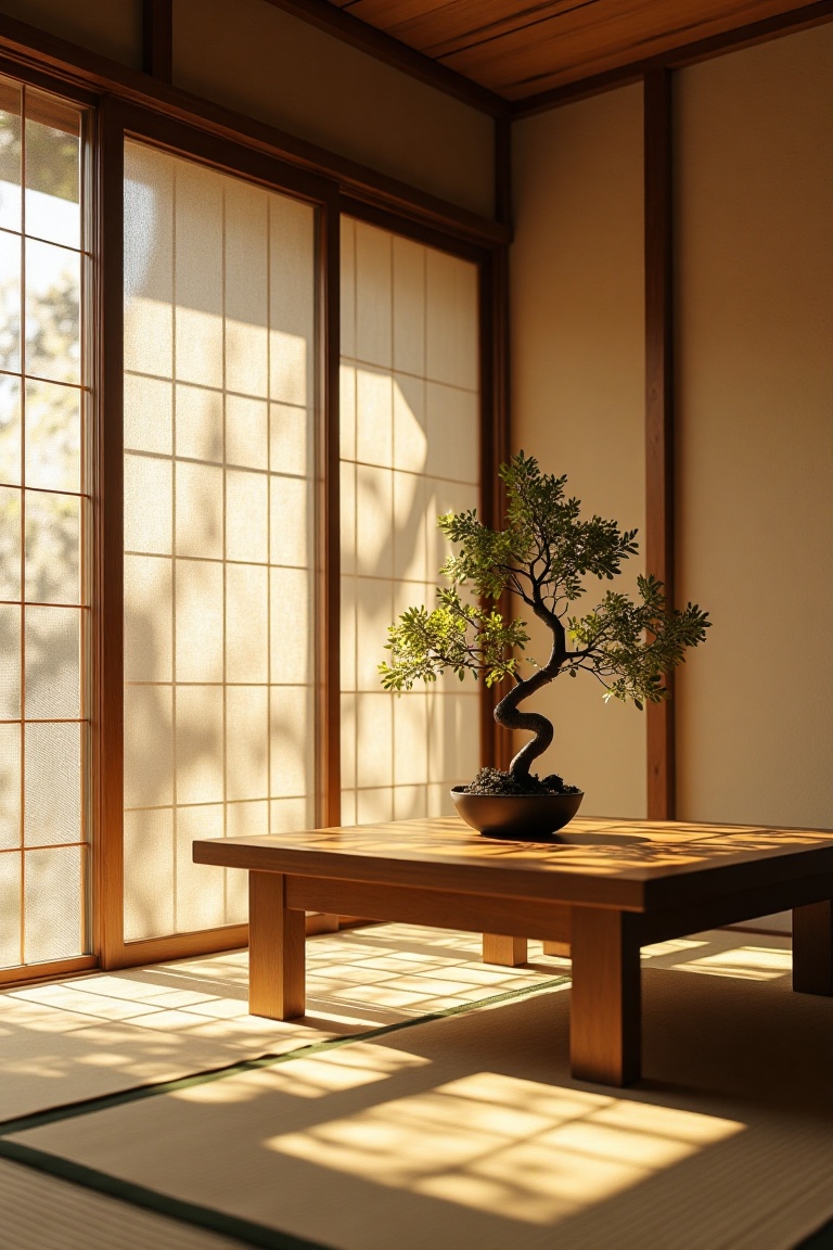 Minimalist art style,  a serene Japanese-style living room with tatami mats,  shoji screens on Tensor.Art