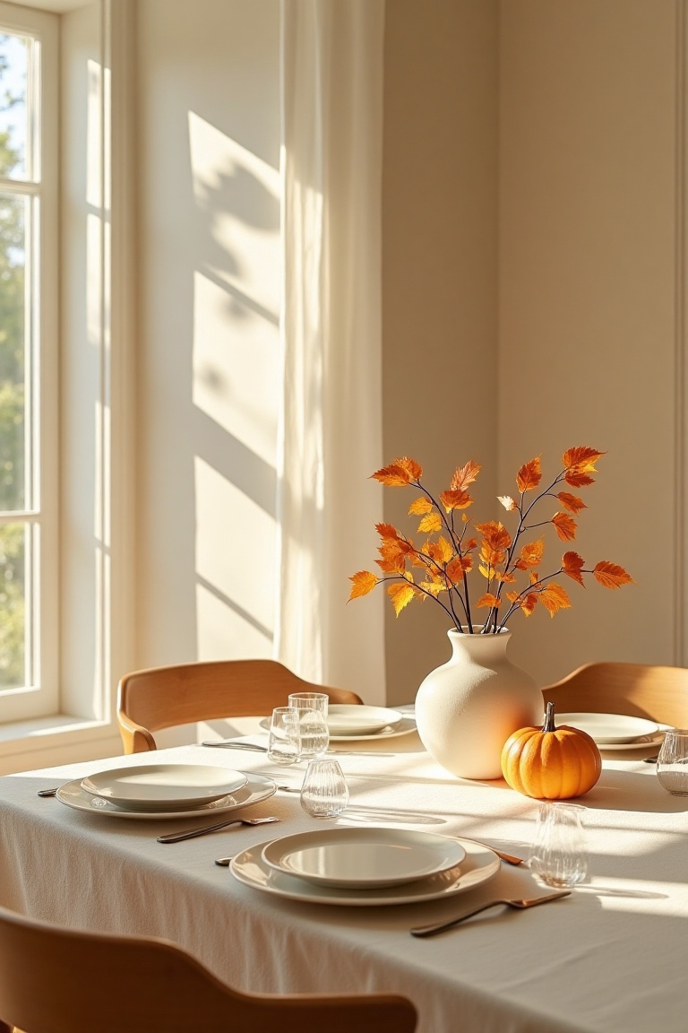 Minimalist art style,  a Thanksgiving Day setting with a simple,  uncluttered dining table. The table features a single on...