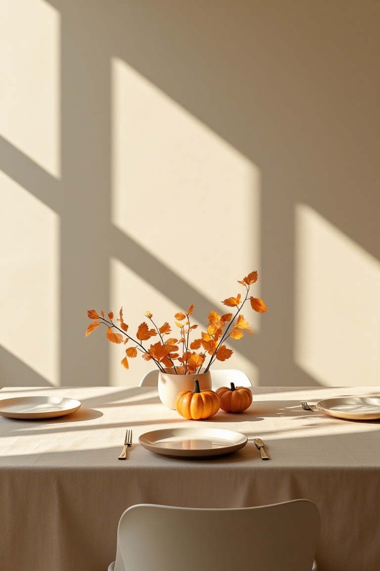 Minimalist art style,  a Thanksgiving Day setting with a simple,  uncluttered dining table. The table features a single on...