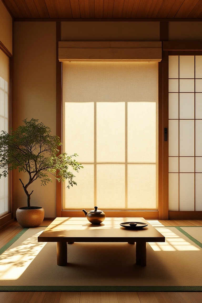 Minimalist art style,  a serene Japanese-style living room with tatami mats,  shoji screens on Tensor.Art