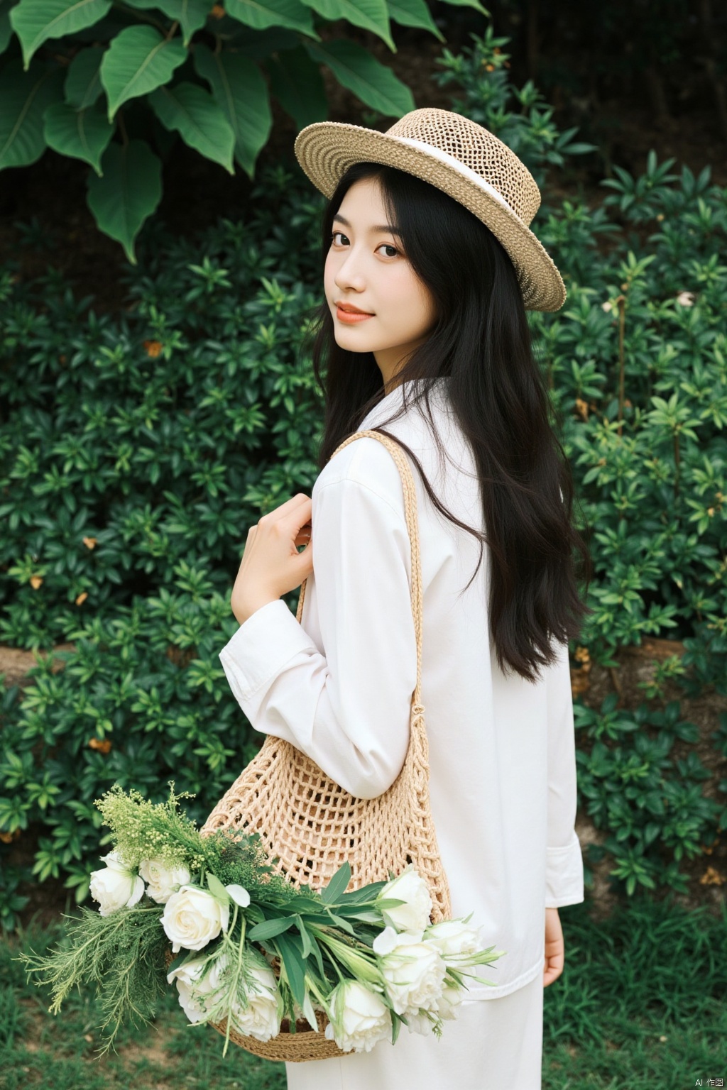a medium-sized Asian girl with long black hair, wearing a white long-sleeved shirt and a straw hat, stands in front of a backdrop of lush green foliage. She is holding a woven woven bag, adorned with a bouquet of white roses and green leaves. Her left hand is draped over the bag, adding a touch of contrast to her outfit.